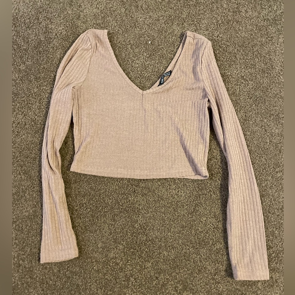 SheIn Brown Long Sleeve V Neck Crop